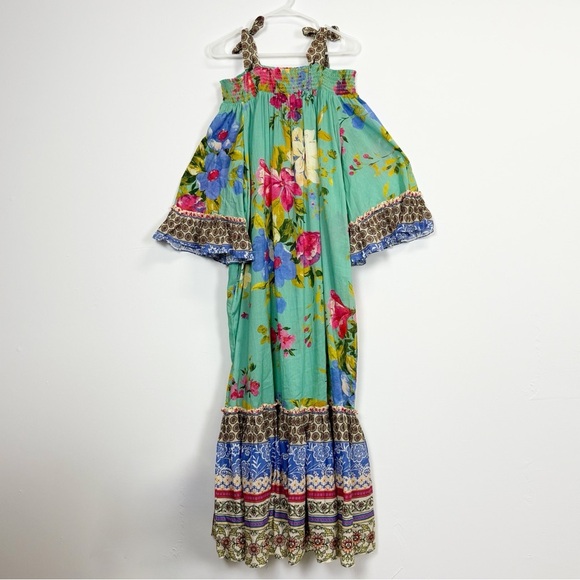 Aratta Dress Womens Large Green Floral Boho Maxi Off Shoulder Pockets - Picture 2 of 11